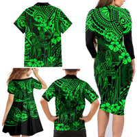 Hawaii King Kamehameha Family Matching Long Sleeve Bodycon Dress and Hawaiian Shirt Polynesian Pattern Green Version - Wonder Print Shop