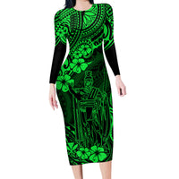 Hawaii King Kamehameha Family Matching Long Sleeve Bodycon Dress and Hawaiian Shirt Polynesian Pattern Green Version - Wonder Print Shop
