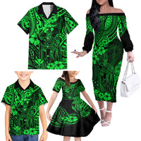 Hawaii King Kamehameha Family Matching Off Shoulder Long Sleeve Dress and Hawaiian Shirt Polynesian Pattern Green Version - Wonder Print Shop