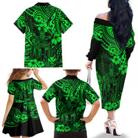 Hawaii King Kamehameha Family Matching Off Shoulder Long Sleeve Dress and Hawaiian Shirt Polynesian Pattern Green Version - Wonder Print Shop