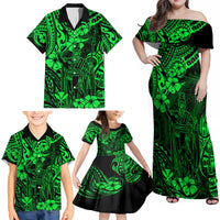 Hawaii King Kamehameha Family Matching Off Shoulder Maxi Dress and Hawaiian Shirt Polynesian Pattern Green Version - Wonder Print Shop