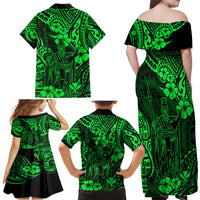 Hawaii King Kamehameha Family Matching Off Shoulder Maxi Dress and Hawaiian Shirt Polynesian Pattern Green Version - Wonder Print Shop