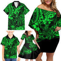 Hawaii King Kamehameha Family Matching Off Shoulder Short Dress and Hawaiian Shirt Polynesian Pattern Green Version - Wonder Print Shop