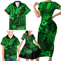 Hawaii King Kamehameha Family Matching Short Sleeve Bodycon Dress and Hawaiian Shirt Polynesian Pattern Green Version - Wonder Print Shop