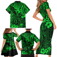 Hawaii King Kamehameha Family Matching Short Sleeve Bodycon Dress and Hawaiian Shirt Polynesian Pattern Green Version - Wonder Print Shop