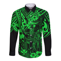 Hawaii King Kamehameha Long Sleeve Button Shirt Polynesian Pattern Green Version - Wonder Print Shop