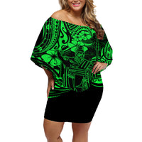 Hawaii King Kamehameha Off Shoulder Short Dress Polynesian Pattern Green Version - Wonder Print Shop