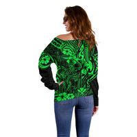 Hawaii King Kamehameha Off Shoulder Sweater Polynesian Pattern Green Version - Wonder Print Shop