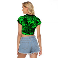 Hawaii King Kamehameha Raglan Cropped T Shirt Polynesian Pattern Green Version - Wonder Print Shop