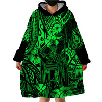 Hawaii King Kamehameha Wearable Blanket Hoodie Polynesian Pattern Green Version - Wonder Print Shop