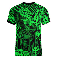 Hawaii King Kamehameha Women V Neck T Shirt Polynesian Pattern Green Version - Wonder Print Shop