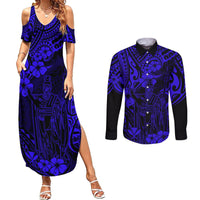 Hawaii King Kamehameha Couples Matching Summer Maxi Dress and Long Sleeve Button Shirts Polynesian Pattern Navy Blue Version - Wonder Print Shop