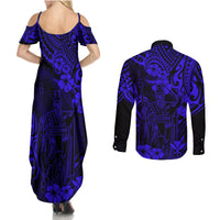 Hawaii King Kamehameha Couples Matching Summer Maxi Dress and Long Sleeve Button Shirts Polynesian Pattern Navy Blue Version - Wonder Print Shop