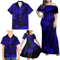 Hawaii King Kamehameha Family Matching Off Shoulder Maxi Dress and Hawaiian Shirt Polynesian Pattern Navy Blue Version - Wonder Print Shop