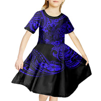 Hawaii King Kamehameha Kid Short Sleeve Dress Polynesian Pattern Navy Blue Version - Wonder Print Shop