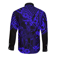 Hawaii King Kamehameha Long Sleeve Button Shirt Polynesian Pattern Navy Blue Version - Wonder Print Shop