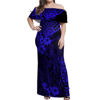 Hawaii King Kamehameha Off Shoulder Maxi Dress Polynesian Pattern Navy Blue Version - Wonder Print Shop