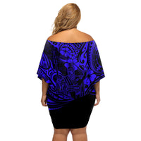 Hawaii King Kamehameha Off Shoulder Short Dress Polynesian Pattern Navy Blue Version - Wonder Print Shop