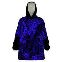 Hawaii King Kamehameha Wearable Blanket Hoodie Polynesian Pattern Navy Blue Version - Wonder Print Shop