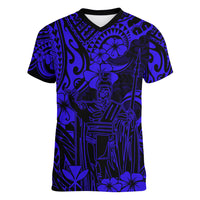 Hawaii King Kamehameha Women V Neck T Shirt Polynesian Pattern Navy Blue Version - Wonder Print Shop