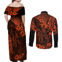 Hawaii King Kamehameha Couples Matching Off Shoulder Maxi Dress and Long Sleeve Button Shirts Polynesian Pattern Orange Version - Wonder Print Shop