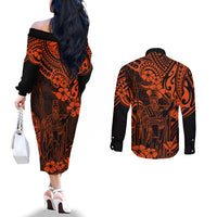 hawaii-king-kamehameha-couples-matching-off-the-shoulder-long-sleeve-dress-and-long-sleeve-button-shirts-polynesian-pattern-orange-version