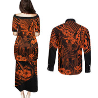 Hawaii King Kamehameha Couples Matching Puletasi Dress and Long Sleeve Button Shirts Polynesian Pattern Orange Version - Wonder Print Shop