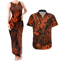 Hawaii King Kamehameha Couples Matching Tank Maxi Dress and Hawaiian Shirt Polynesian Pattern Orange Version - Wonder Print Shop