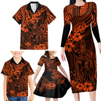 Hawaii King Kamehameha Family Matching Long Sleeve Bodycon Dress and Hawaiian Shirt Polynesian Pattern Orange Version - Wonder Print Shop