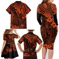 Hawaii King Kamehameha Family Matching Long Sleeve Bodycon Dress and Hawaiian Shirt Polynesian Pattern Orange Version - Wonder Print Shop