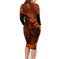 Hawaii King Kamehameha Family Matching Long Sleeve Bodycon Dress and Hawaiian Shirt Polynesian Pattern Orange Version - Wonder Print Shop