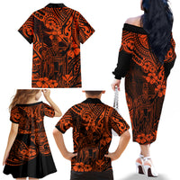 Hawaii King Kamehameha Family Matching Off Shoulder Long Sleeve Dress and Hawaiian Shirt Polynesian Pattern Orange Version - Wonder Print Shop