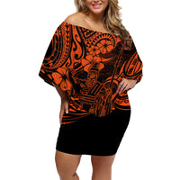 Hawaii King Kamehameha Family Matching Off Shoulder Short Dress and Hawaiian Shirt Polynesian Pattern Orange Version - Wonder Print Shop