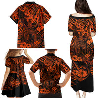 Hawaii King Kamehameha Family Matching Puletasi Dress and Hawaiian Shirt Polynesian Pattern Orange Version - Wonder Print Shop