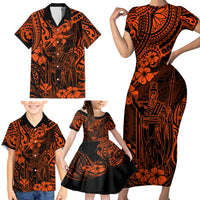 Hawaii King Kamehameha Family Matching Short Sleeve Bodycon Dress and Hawaiian Shirt Polynesian Pattern Orange Version - Wonder Print Shop