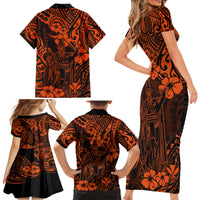 Hawaii King Kamehameha Family Matching Short Sleeve Bodycon Dress and Hawaiian Shirt Polynesian Pattern Orange Version - Wonder Print Shop