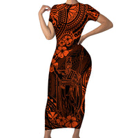 Hawaii King Kamehameha Family Matching Short Sleeve Bodycon Dress and Hawaiian Shirt Polynesian Pattern Orange Version - Wonder Print Shop