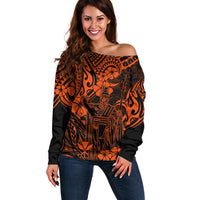 Hawaii King Kamehameha Off Shoulder Sweater Polynesian Pattern Orange Version - Wonder Print Shop