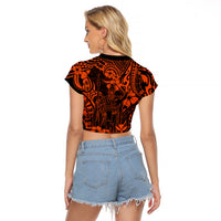 Hawaii King Kamehameha Raglan Cropped T Shirt Polynesian Pattern Orange Version - Wonder Print Shop