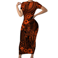 Hawaii King Kamehameha Short Sleeve Bodycon Dress Polynesian Pattern Orange Version - Wonder Print Shop