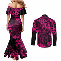 hawaii-king-kamehameha-couples-matching-mermaid-dress-and-long-sleeve-button-shirts-polynesian-pattern-pink-version
