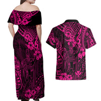 Hawaii King Kamehameha Couples Matching Off Shoulder Maxi Dress and Hawaiian Shirt Polynesian Pattern Pink Version - Wonder Print Shop