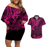 Hawaii King Kamehameha Couples Matching Off Shoulder Short Dress and Hawaiian Shirt Polynesian Pattern Pink Version - Wonder Print Shop