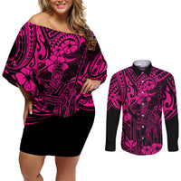 Hawaii King Kamehameha Couples Matching Off Shoulder Short Dress and Long Sleeve Button Shirts Polynesian Pattern Pink Version - Wonder Print Shop