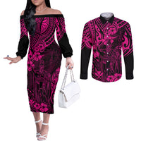 hawaii-king-kamehameha-couples-matching-off-the-shoulder-long-sleeve-dress-and-long-sleeve-button-shirts-polynesian-pattern-pink-version