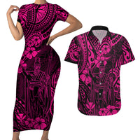 Hawaii King Kamehameha Couples Matching Short Sleeve Bodycon Dress and Hawaiian Shirt Polynesian Pattern Pink Version - Wonder Print Shop