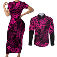 Hawaii King Kamehameha Couples Matching Short Sleeve Bodycon Dress and Long Sleeve Button Shirts Polynesian Pattern Pink Version - Wonder Print Shop