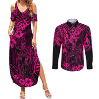 Hawaii King Kamehameha Couples Matching Summer Maxi Dress and Long Sleeve Button Shirts Polynesian Pattern Pink Version - Wonder Print Shop