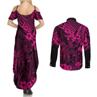 Hawaii King Kamehameha Couples Matching Summer Maxi Dress and Long Sleeve Button Shirts Polynesian Pattern Pink Version - Wonder Print Shop