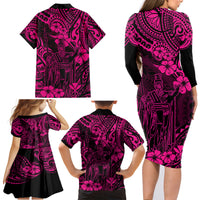 Hawaii King Kamehameha Family Matching Long Sleeve Bodycon Dress and Hawaiian Shirt Polynesian Pattern Pink Version - Wonder Print Shop